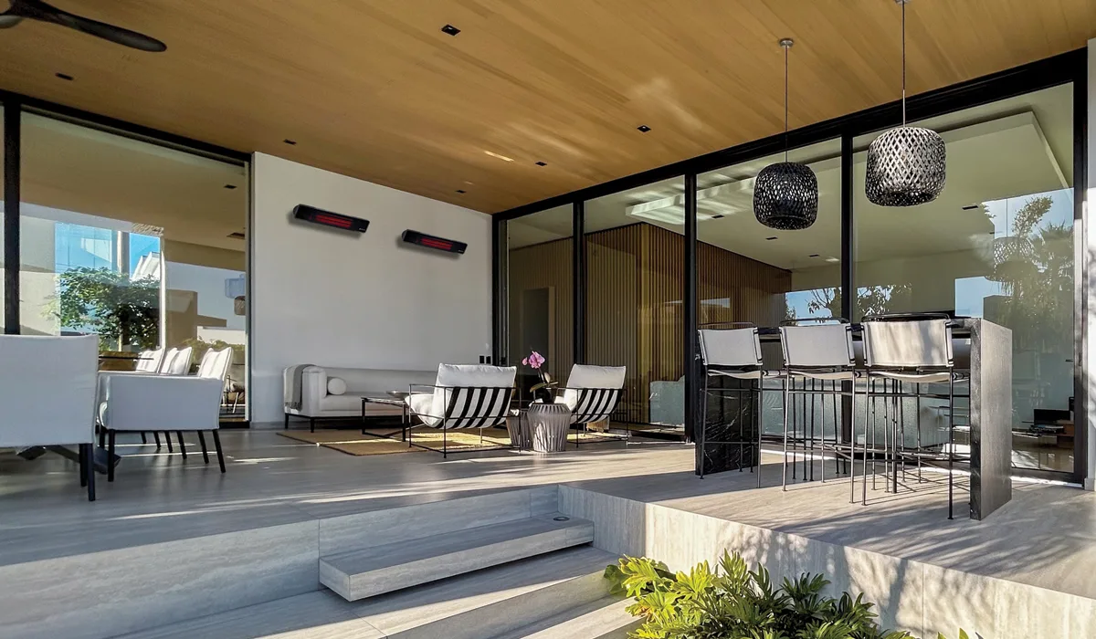 Herschel Rio glass electric patio heater in covered patio area